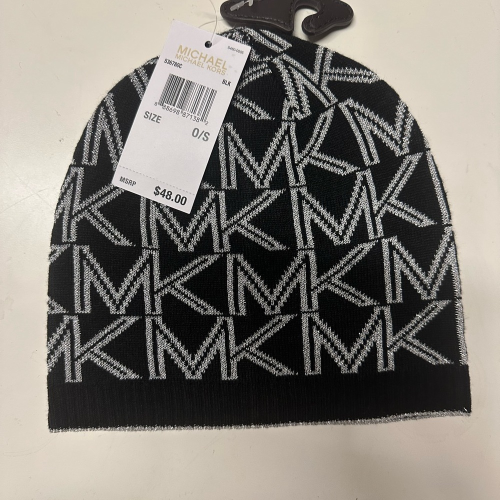 Michael Kors MK Logo Monogram Print Black Silver Knit Hat Beanie Womens NEW